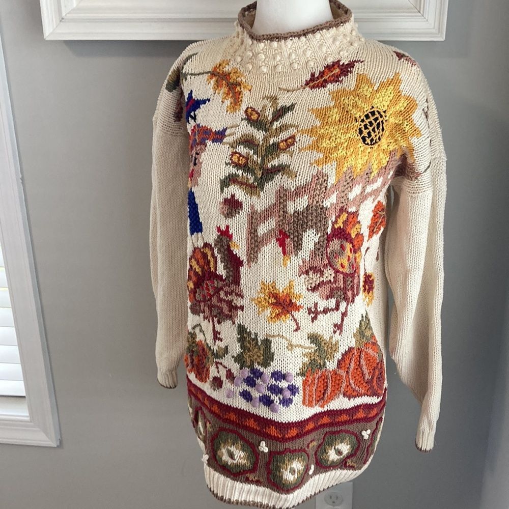 Vintage 90s Beldochpopper Fall Harvest Pumpkin Scarecrow Turtleneck Sweater S - Picture 2 of 14